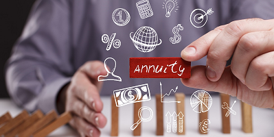 An illustrated image depicting different characters representing finances as they revolve around the word annuity.